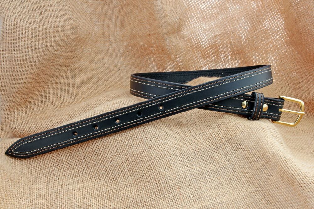 Handmade Double Stitched Black Leather Belt With Solid Brass Buckle