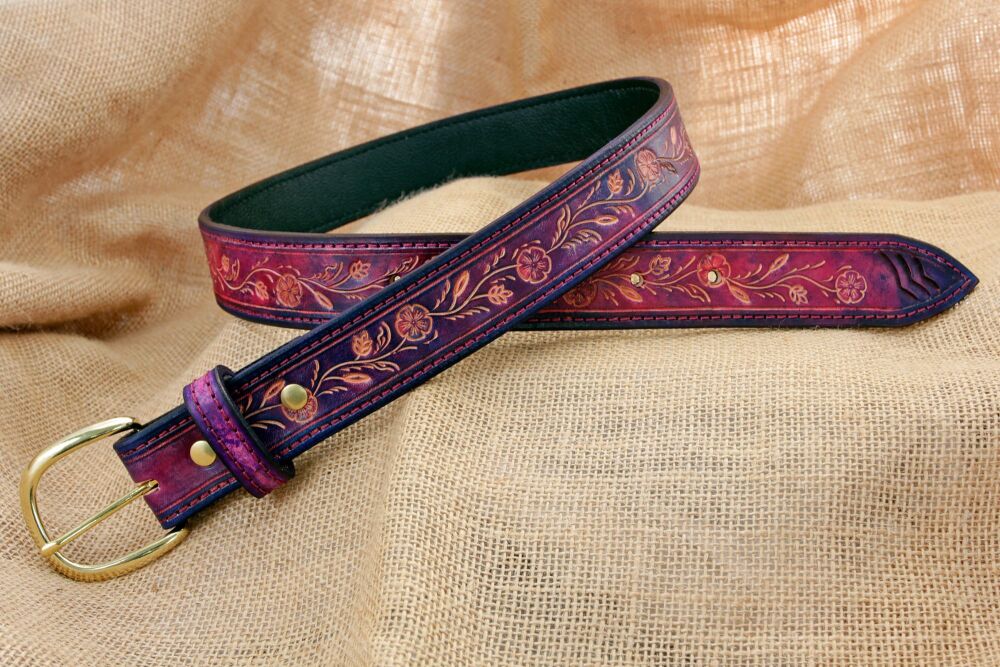 Handmade Purple Floral Leather Belt with Brass Buckle