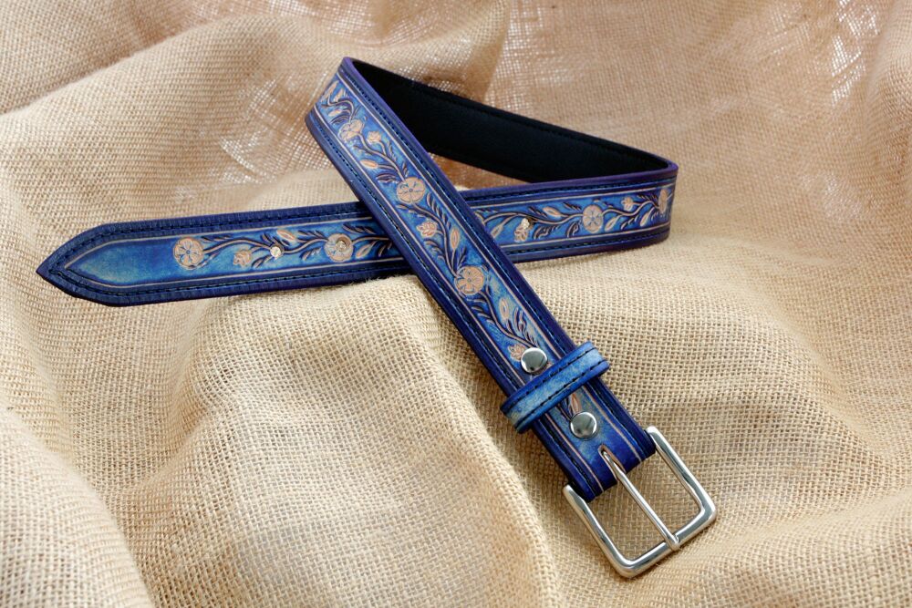Handmade Blue Leather Floral Belt