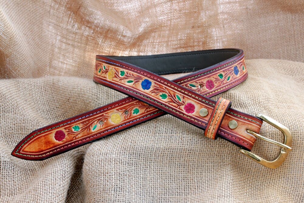 Handmade Tooled Leather Floral Belt with Brass Buckle
