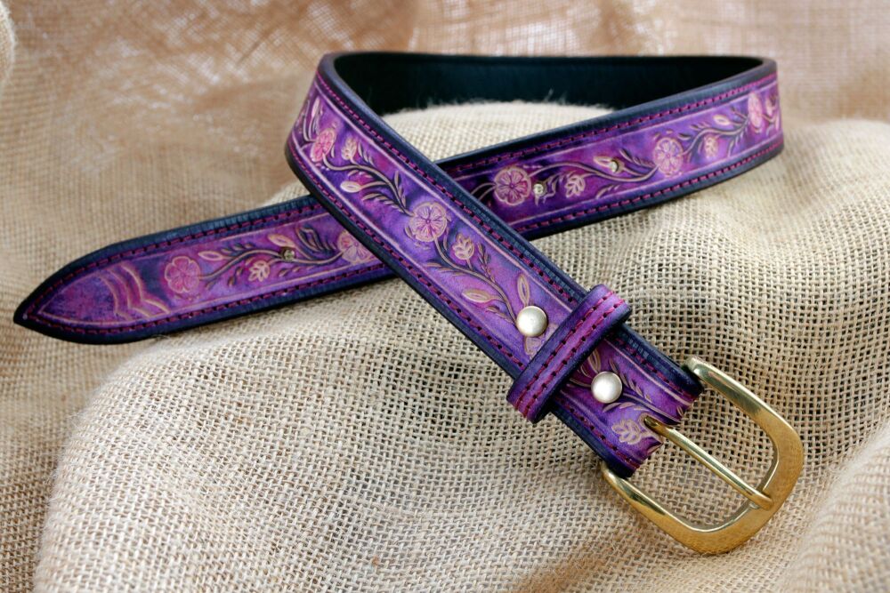 Handmade Purple Floral Leather Belt with Brass Buckle