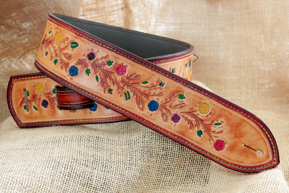 Handmade Leather Colourful Floral Tooled Guitar Strap