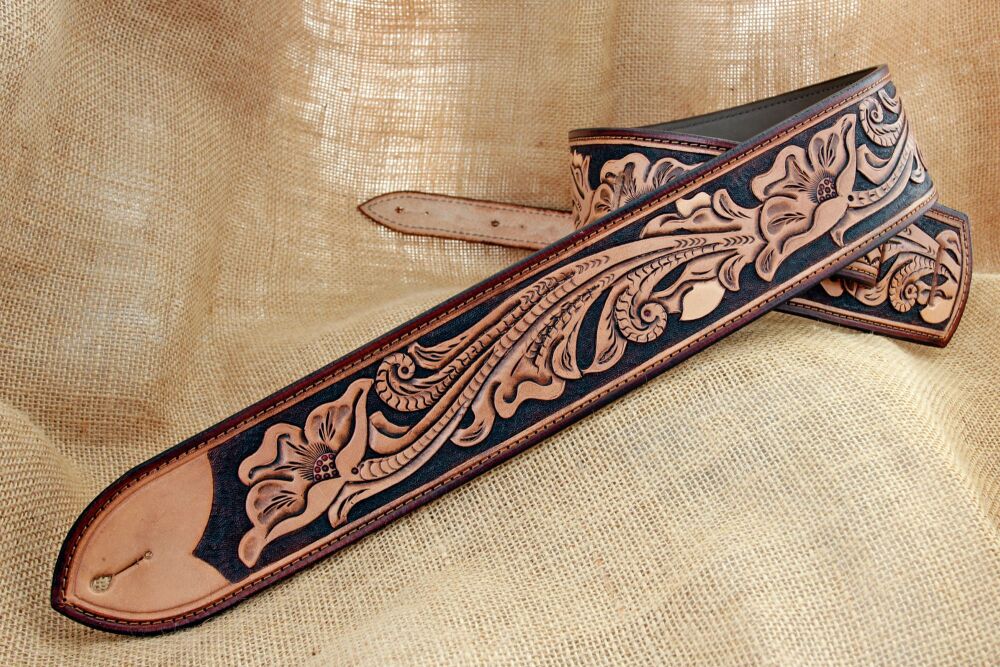 Handmade Leather California Poppy Guitar Strap