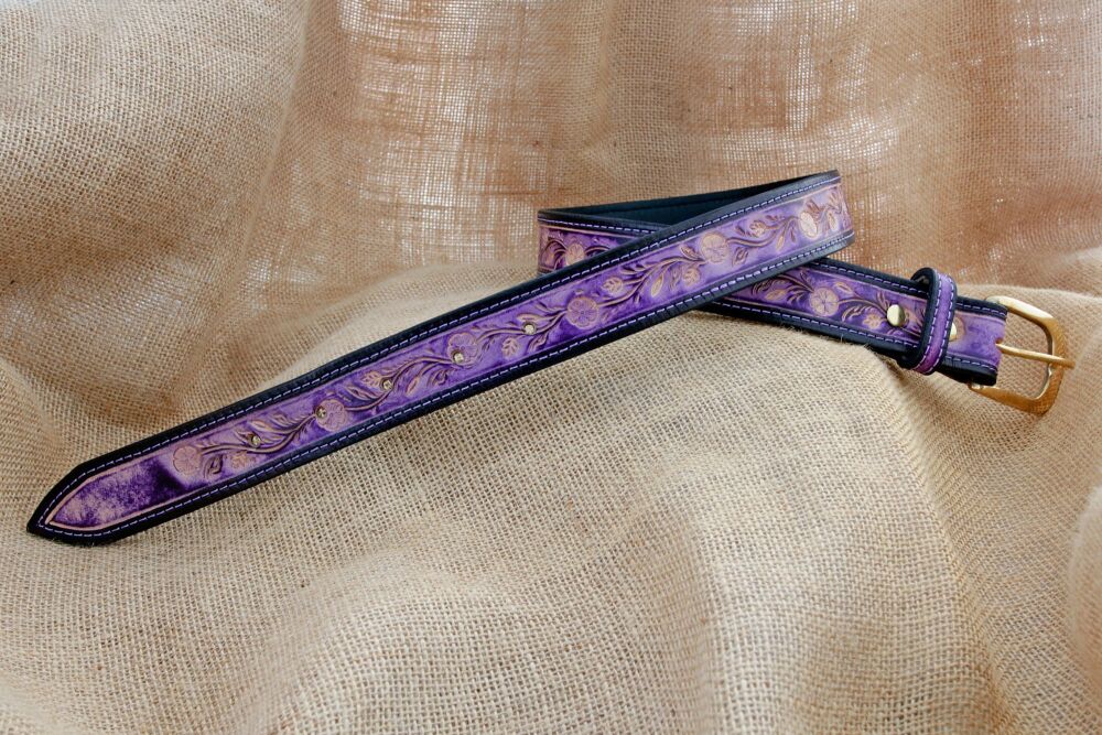 Handmade Purple and Black Floral Tooled Leather Belt