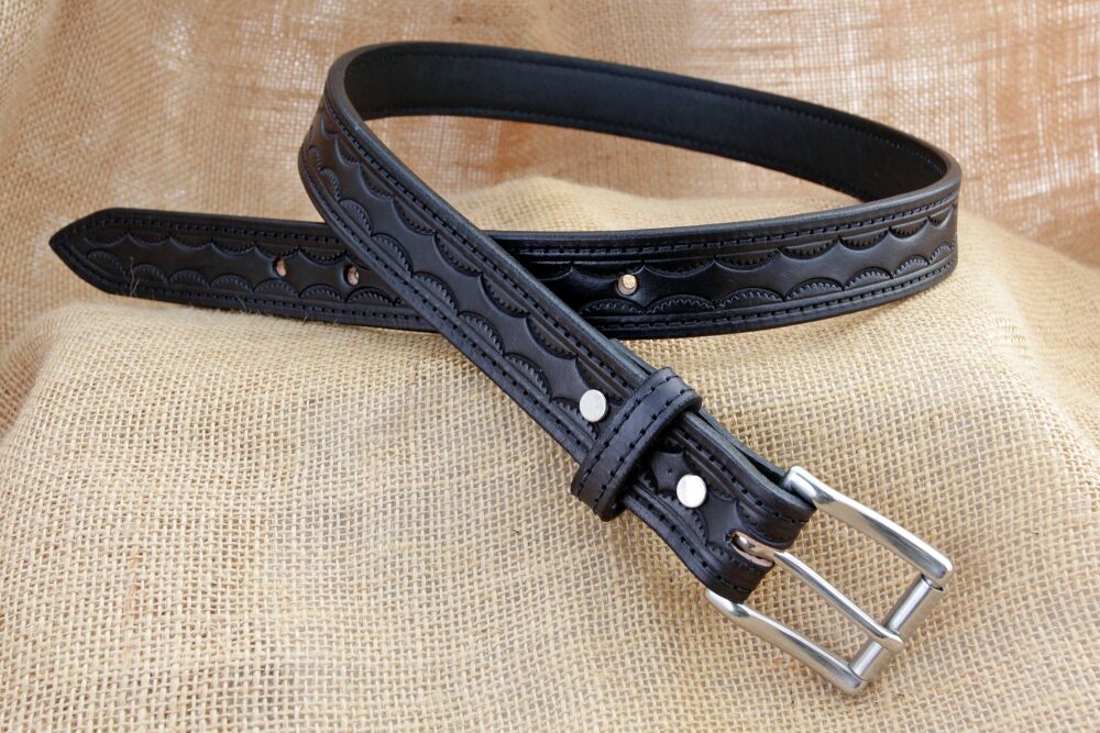 Handmade Black Leather Tooled Belt