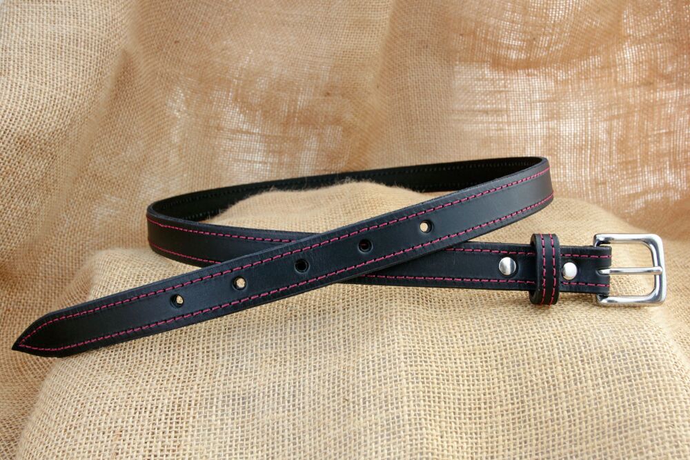 Handmade Black Leather Classic Style Belt With Red Stitching