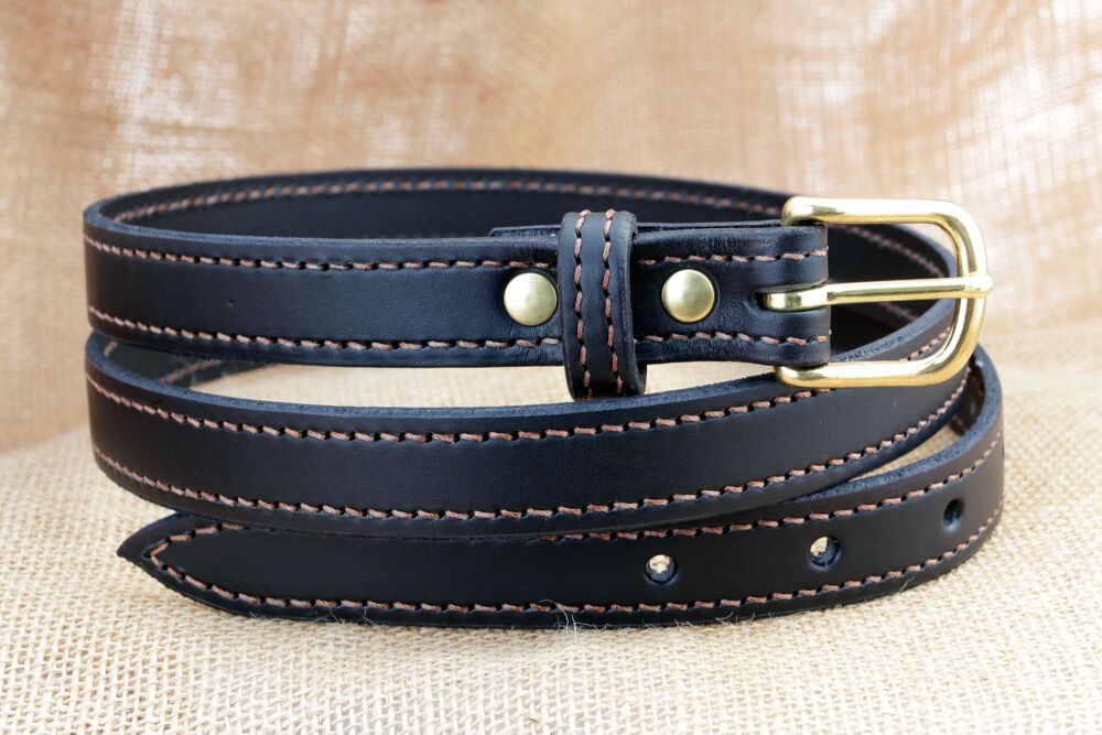 Handmade Black Leather Classic Style Belt With Brown Stitching
