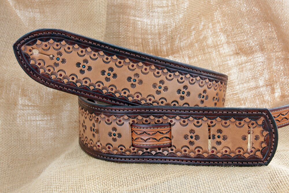 Handmade Traditional Western Style Tooled Leather Guitar Strap In Chocolate and Tan