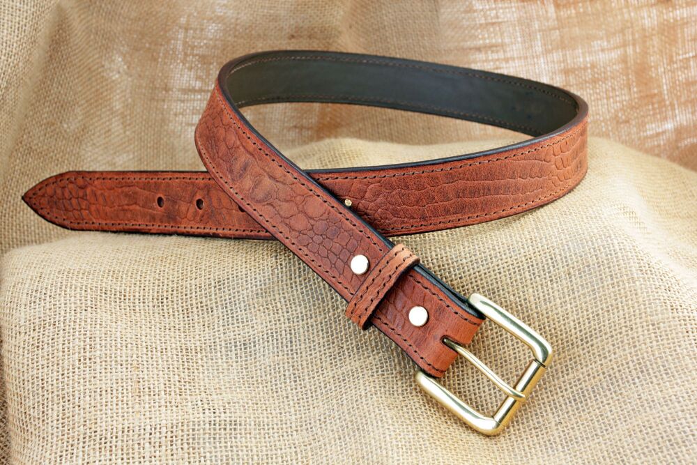 Handmade Leather Crocodile Print Belt With Solid Brass Buckle