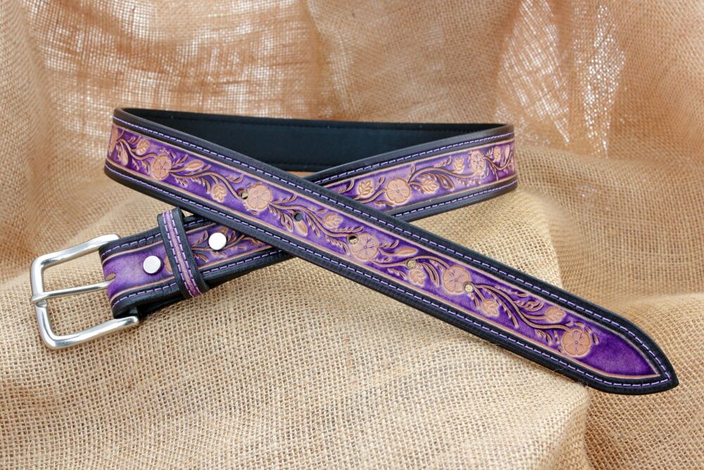 Handmade Purple and Black Floral Tooled Leather Belt