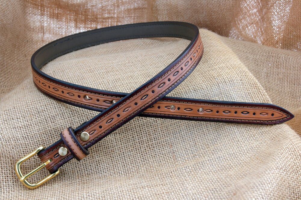 Handmade Brown Tooled Slim Leather Belt with Brass Buckle
