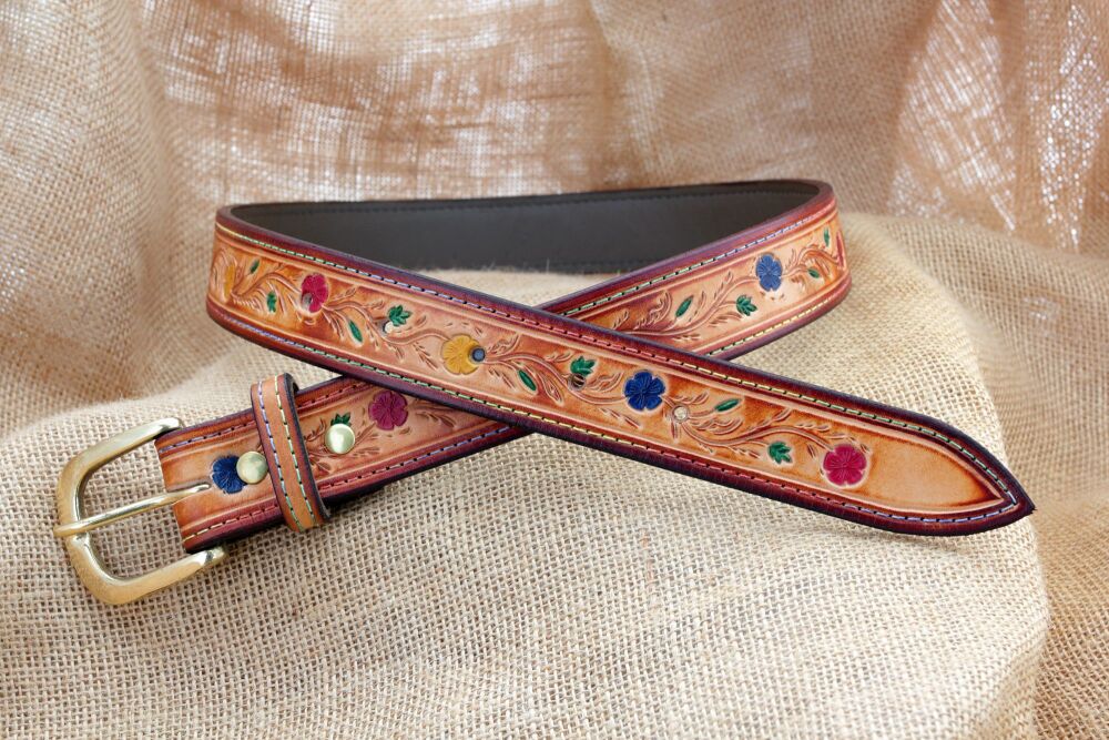 Handmade Tooled Leather Floral Belt with Brass Buckle