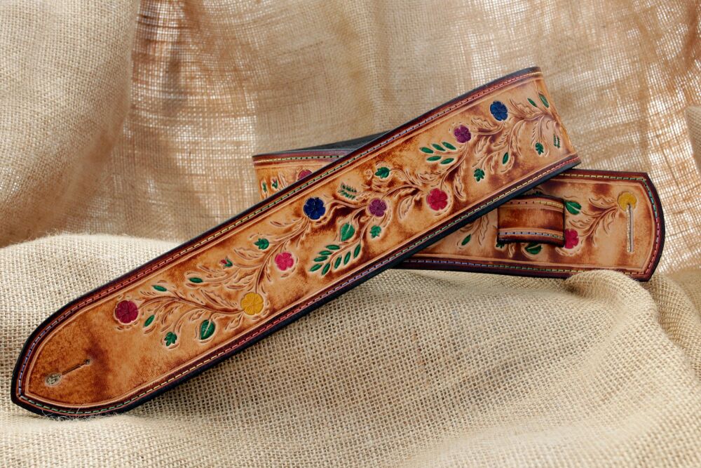 Handmade Leather Colourful Floral Tooled Guitar Strap