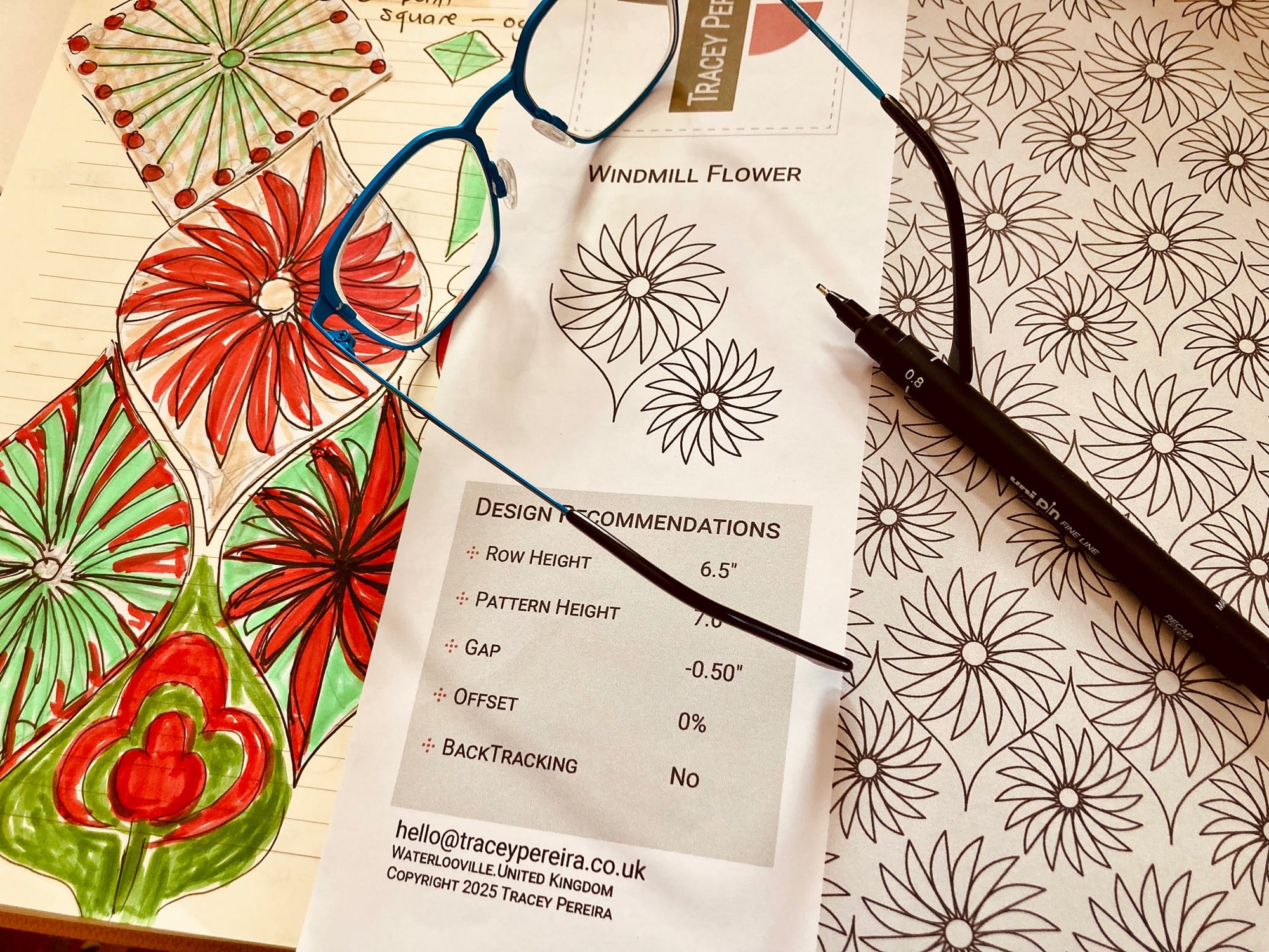 Image of a flannel quilt in brown and red on a longarm frame