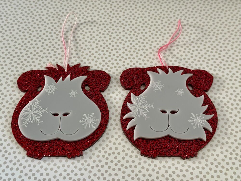 N3 - Poppy & Ruby - Pair Of 3D Laser Cut Guinea Pig Christmas Ornaments