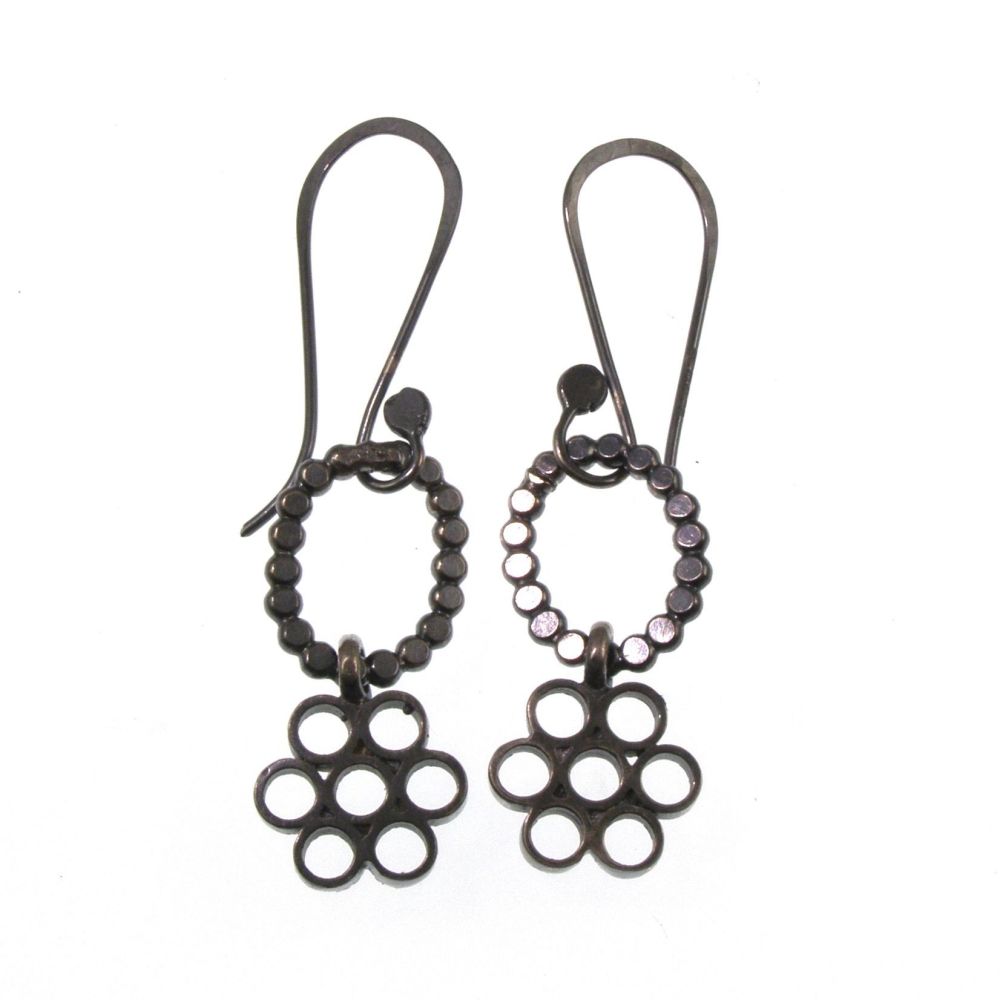 Oxidised silver flower block earrings