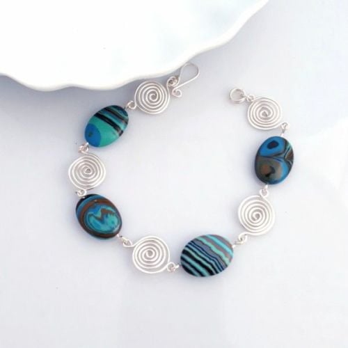 Blue stripped Malachite and silver open spirals bracelet