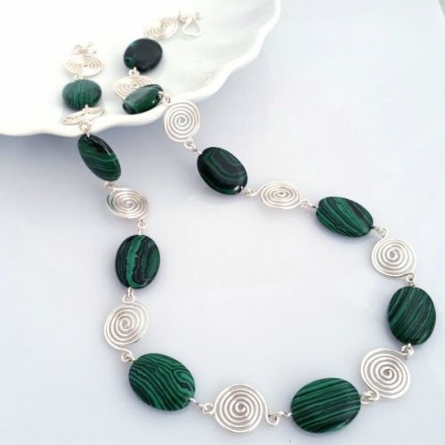Malachite ovals with silver wire spirals necklace