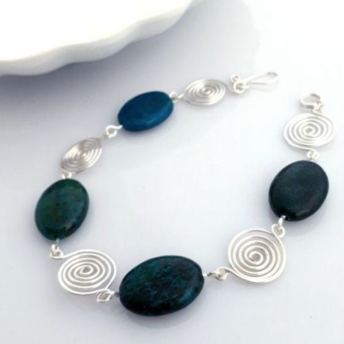Azurite Chysocolla and silver spirals bracelet