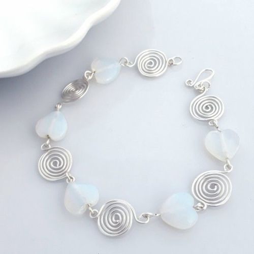 Moonstone hearts and silver spirals bracelet