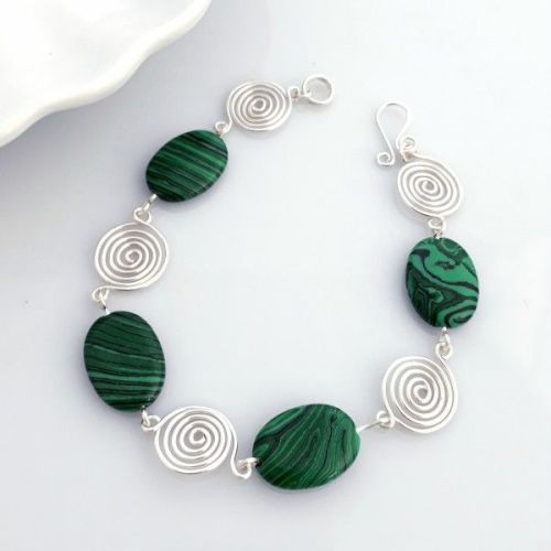 Green stripped Malachite and silver open spirals bracelet