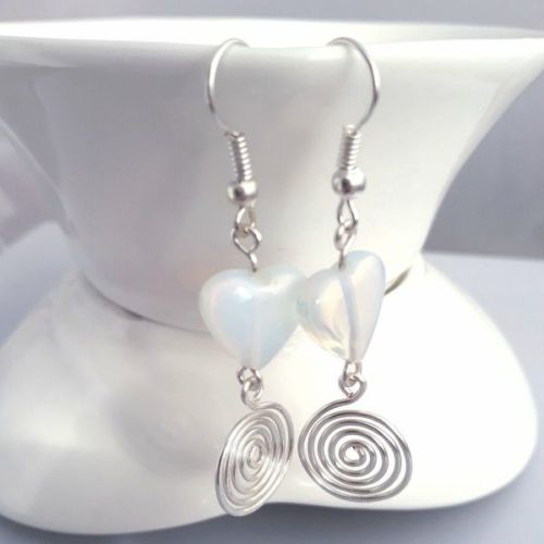 Moonstone hearts and silver spiral earrings