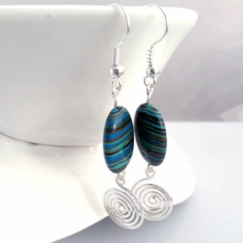 Blue Malachite and silver open spiral earrings