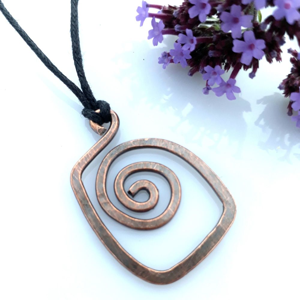 Square spiral copper pendant necklace