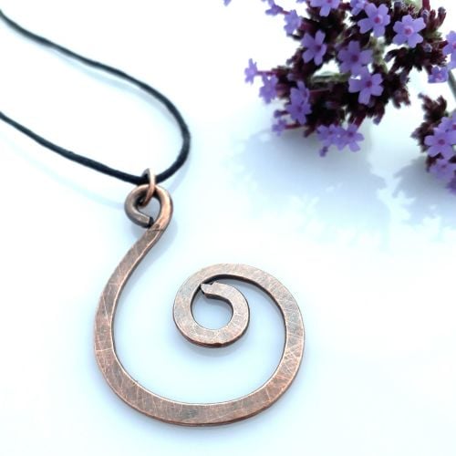 Large spiral copper pendant necklace