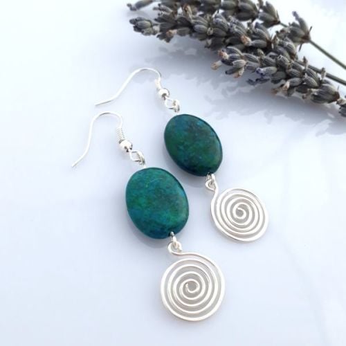 Azurite and open Silver Spiral Earrings