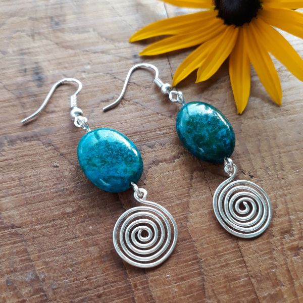 Azurite and open Silver Spiral Earrings