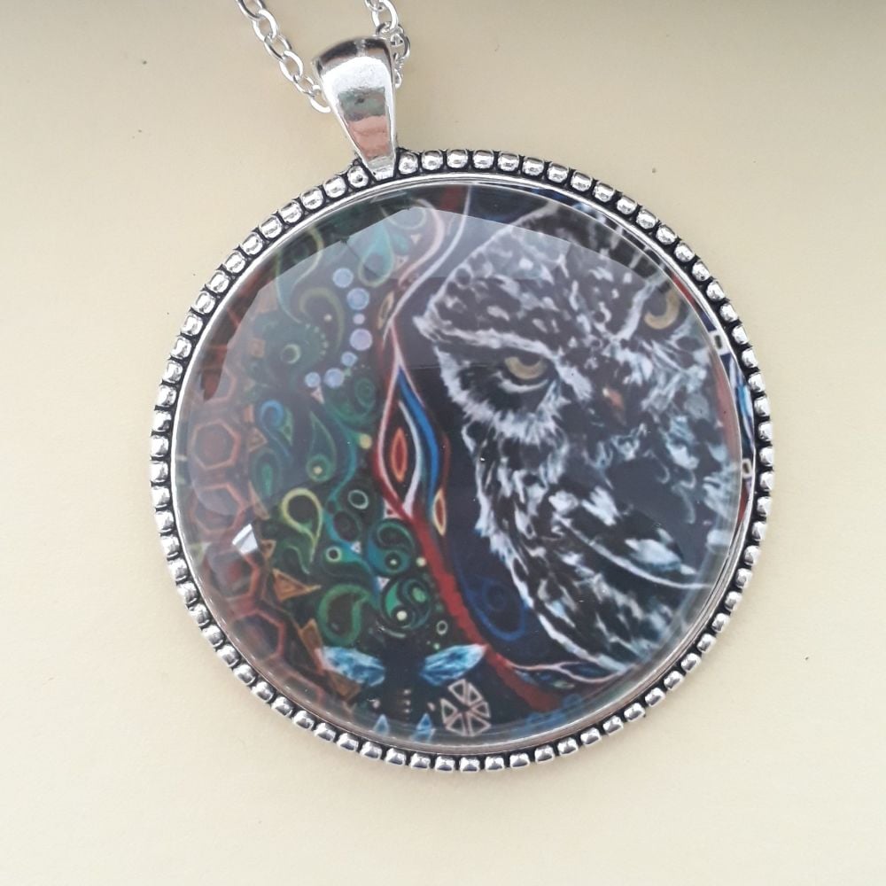 Little owl art charm pendant or keyring