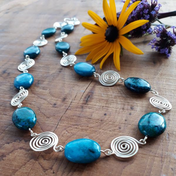 5 Azurite Chryscolla and Spiral necklace