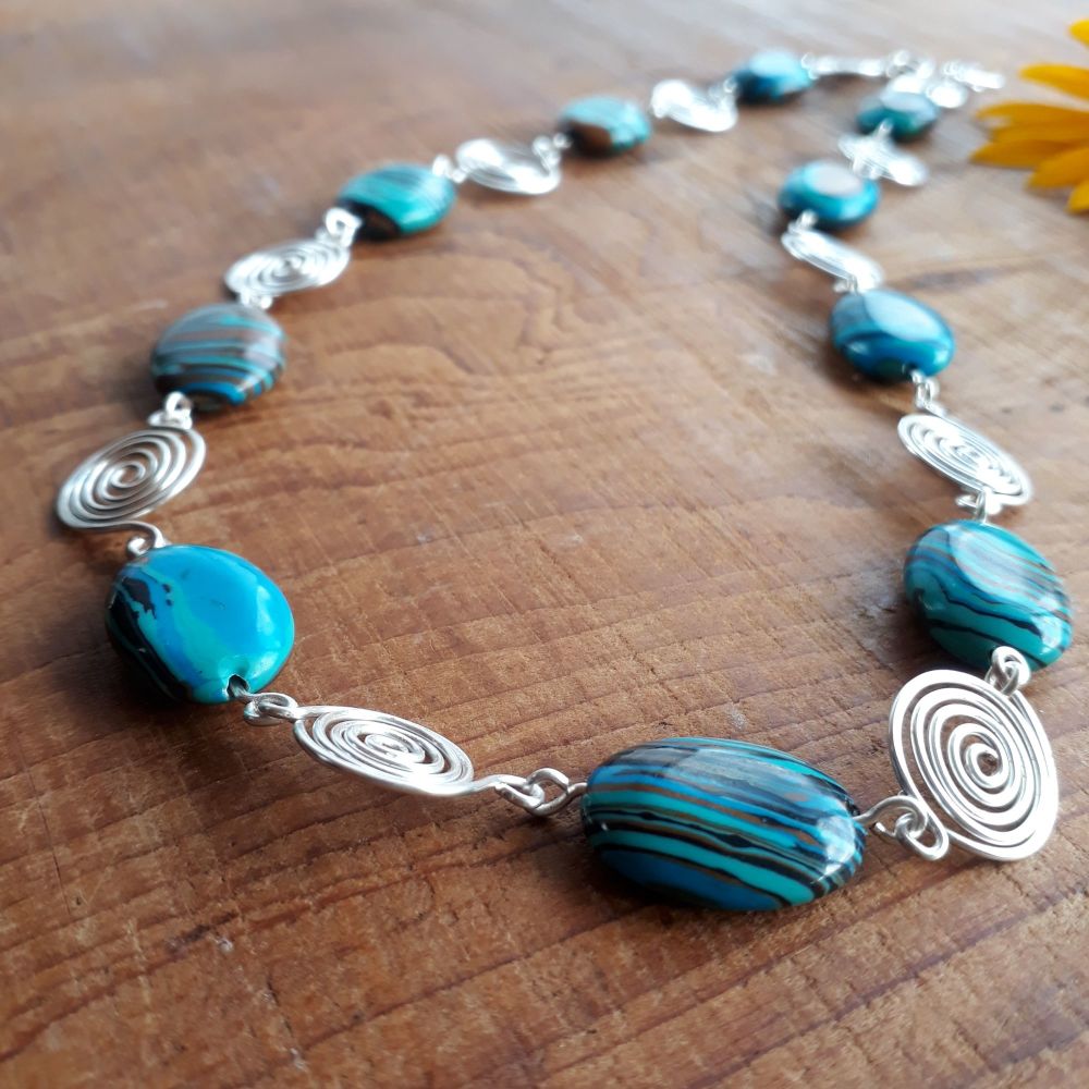 6 Blue Malachite and silver open spirals necklace