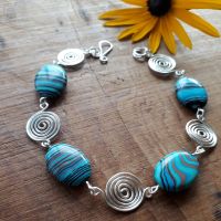 Blue stripped Malachite and silver open spirals bracelet