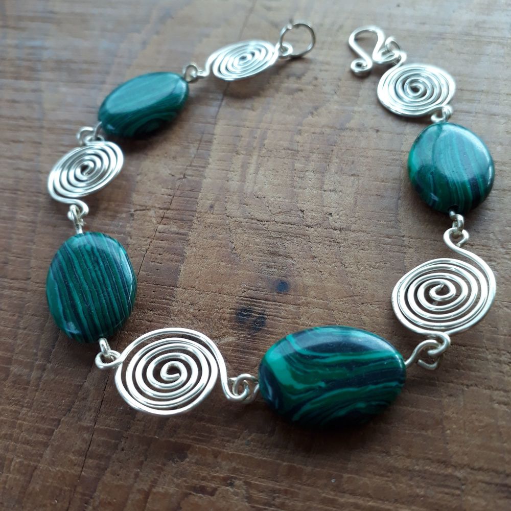 Green stripped Malachite and silver open spirals bracelet