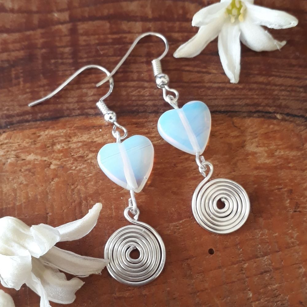 Moonstone hearts and silver spiral earrings