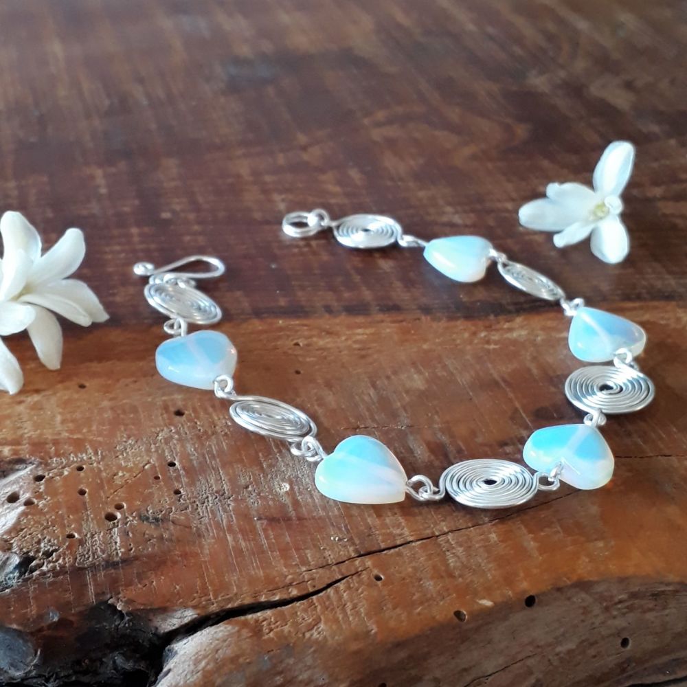 Moonstone hearts and silver spirals bracelet