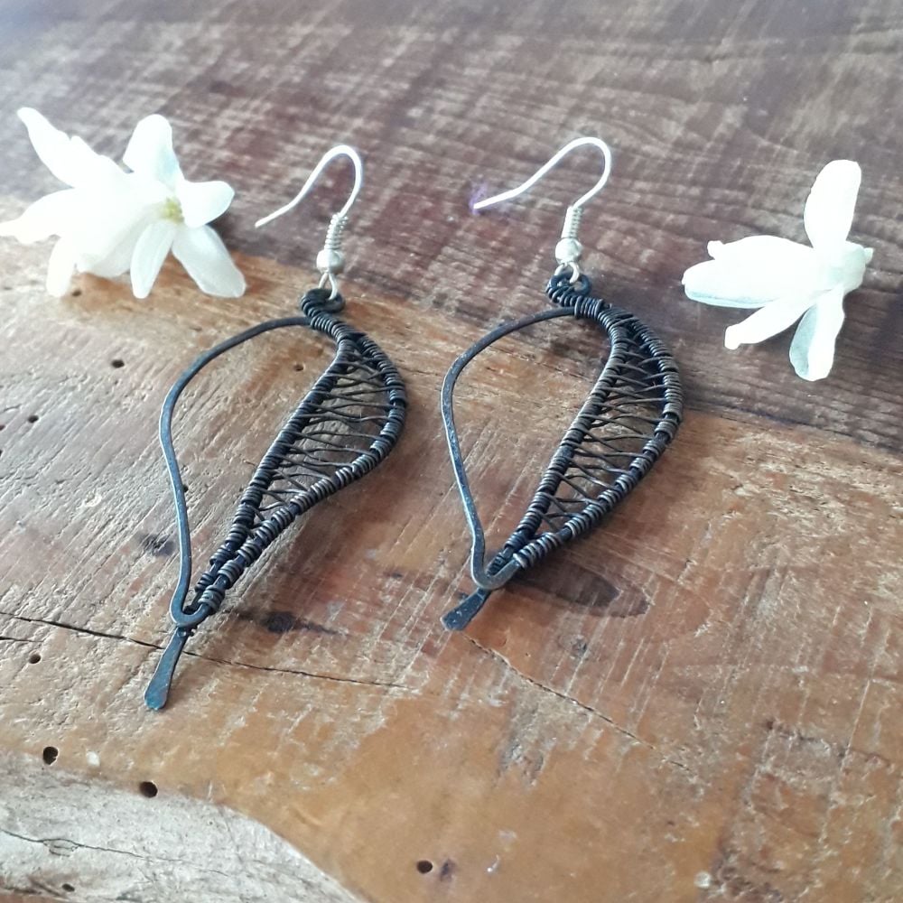 Wire wrapped leaf copper earrings