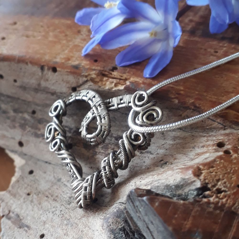 Fine oxidised Silver wire wrapped heart pendant