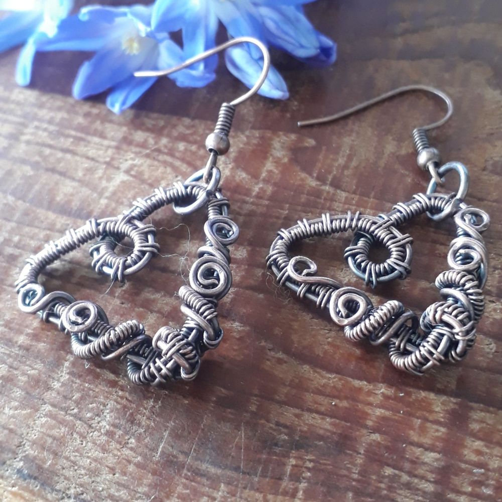 Copper wire wrapped heart earrings