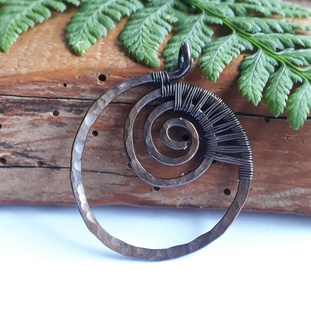Copper wire wrapped Spiral Ammonite fossil Circle Pendant