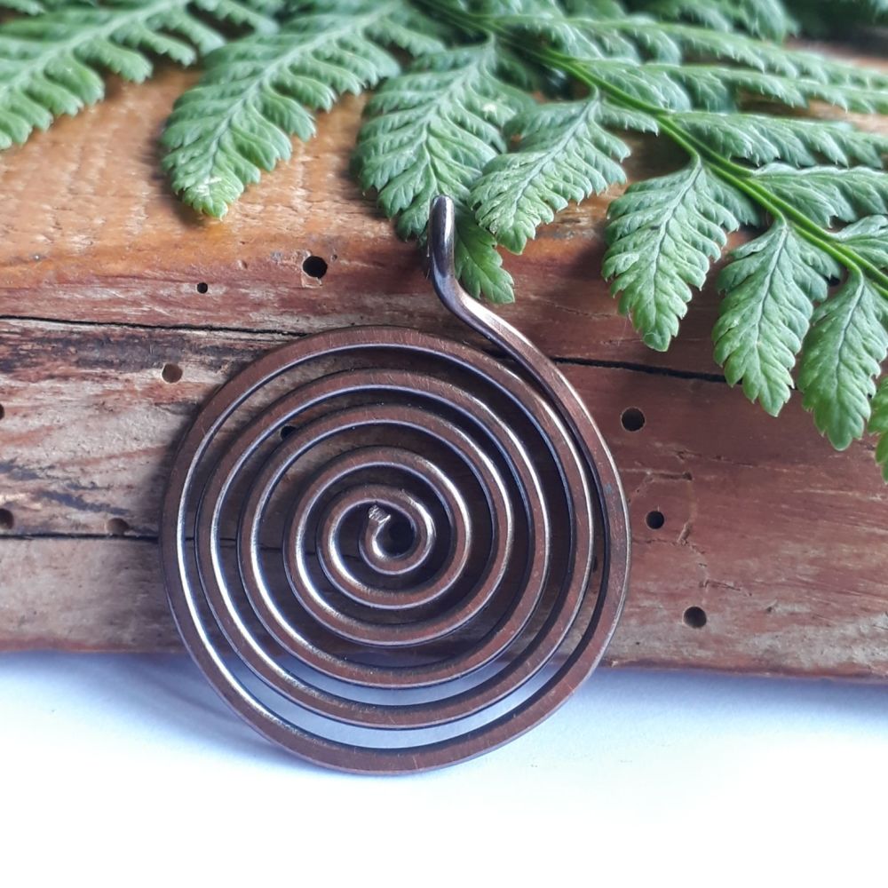 Large copper spiral disc pendant