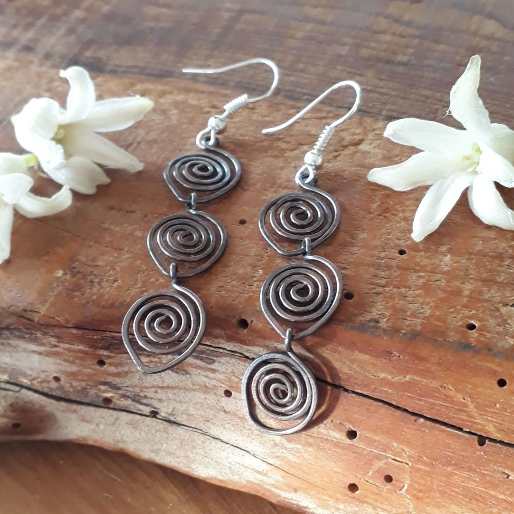 Triple spiral copper earrings