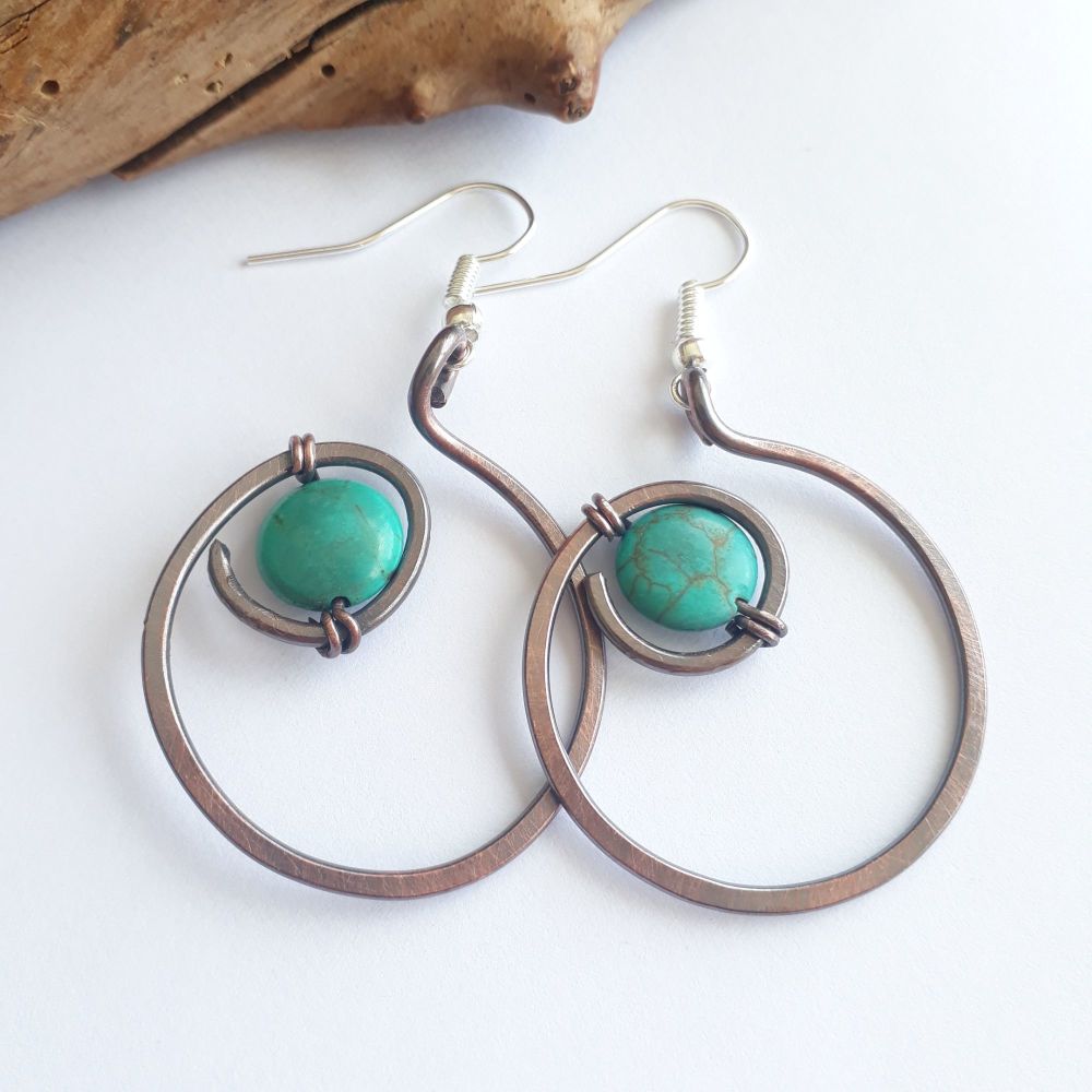 Turquoise hoop spiral earrings