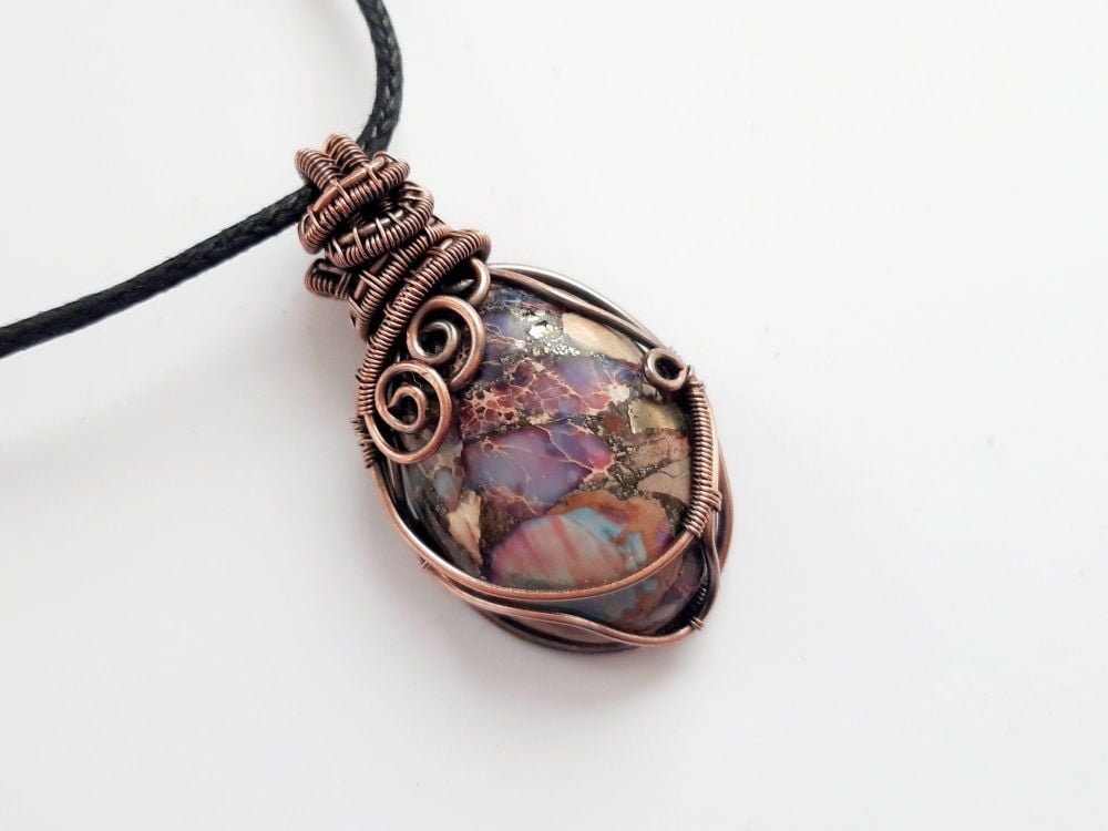Purple Sea Sediment Jasper Copper Wire Wrapped Pendant
