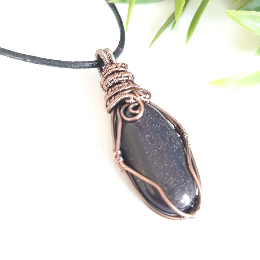 Blue Gold Stone and Copper Wire Wrapped Pendant