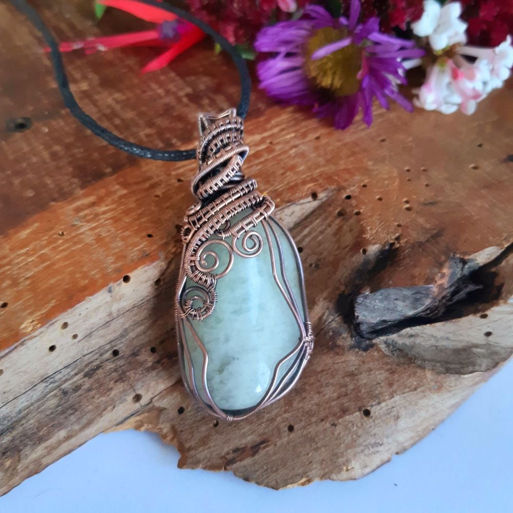 Green Aquamarine and Copper Wire Wrapped Pendant