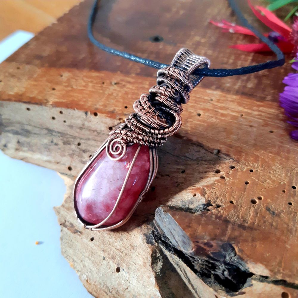 Pink Crackle Quartz and Copper Wire Wrapped Pendant
