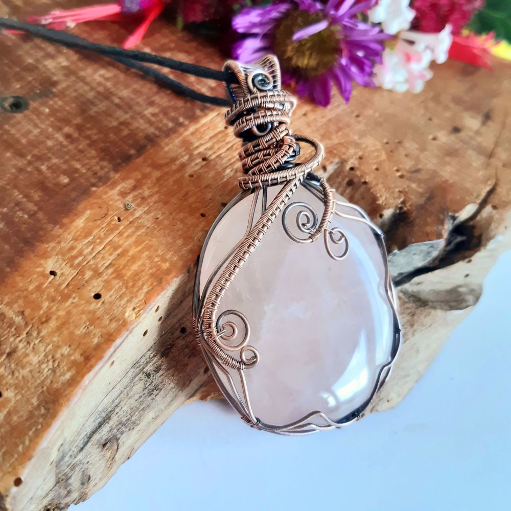 Large Rose Quartz and Copper Wire Wrapped Pendant